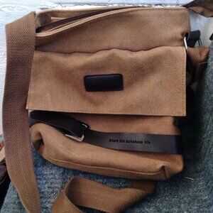 BROWN CANVAS CROSSBODY SMALL HANDBAG 6 POCKETS LINED